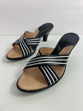 Sofft Black Slide Heels with White Striped Crisscross Straps